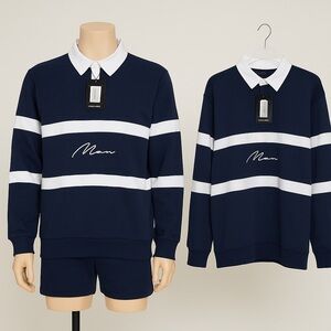 817 Navy and White Striped Collared Polo